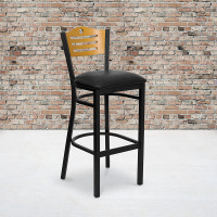 Flash Furniture Hercules Series Black Slat Back Metal Restaurant Bar Stool with Natural Wood Back and Black Vinyl Seat XU-DG-6H3B-SLAT-BAR-BLKV-GG